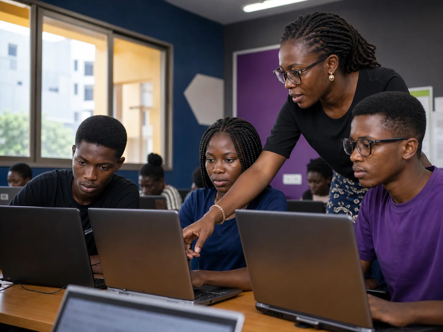 Illustrative view of young people taking part in digital skills training